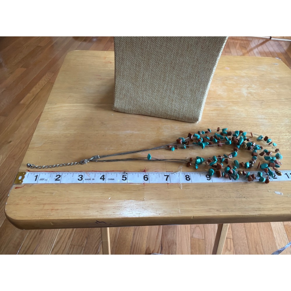 Multi Strand Turquoise Color  Goldstone Beaded Illusion Necklace Silver Tone - Picture 4 of 5